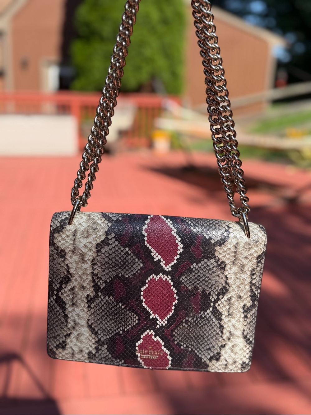 kate spade Snake-Print Chain Crossbody in Burgundy & Cream